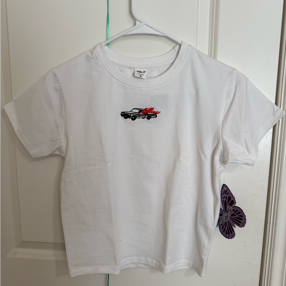 Vibe White Tee with Red Flame Car Graphic